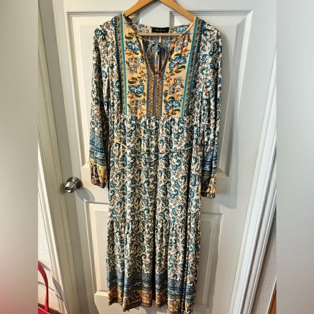 Hey Samy Smock Midi Dress In Blue & Mint Mixed Floral Printed Size M